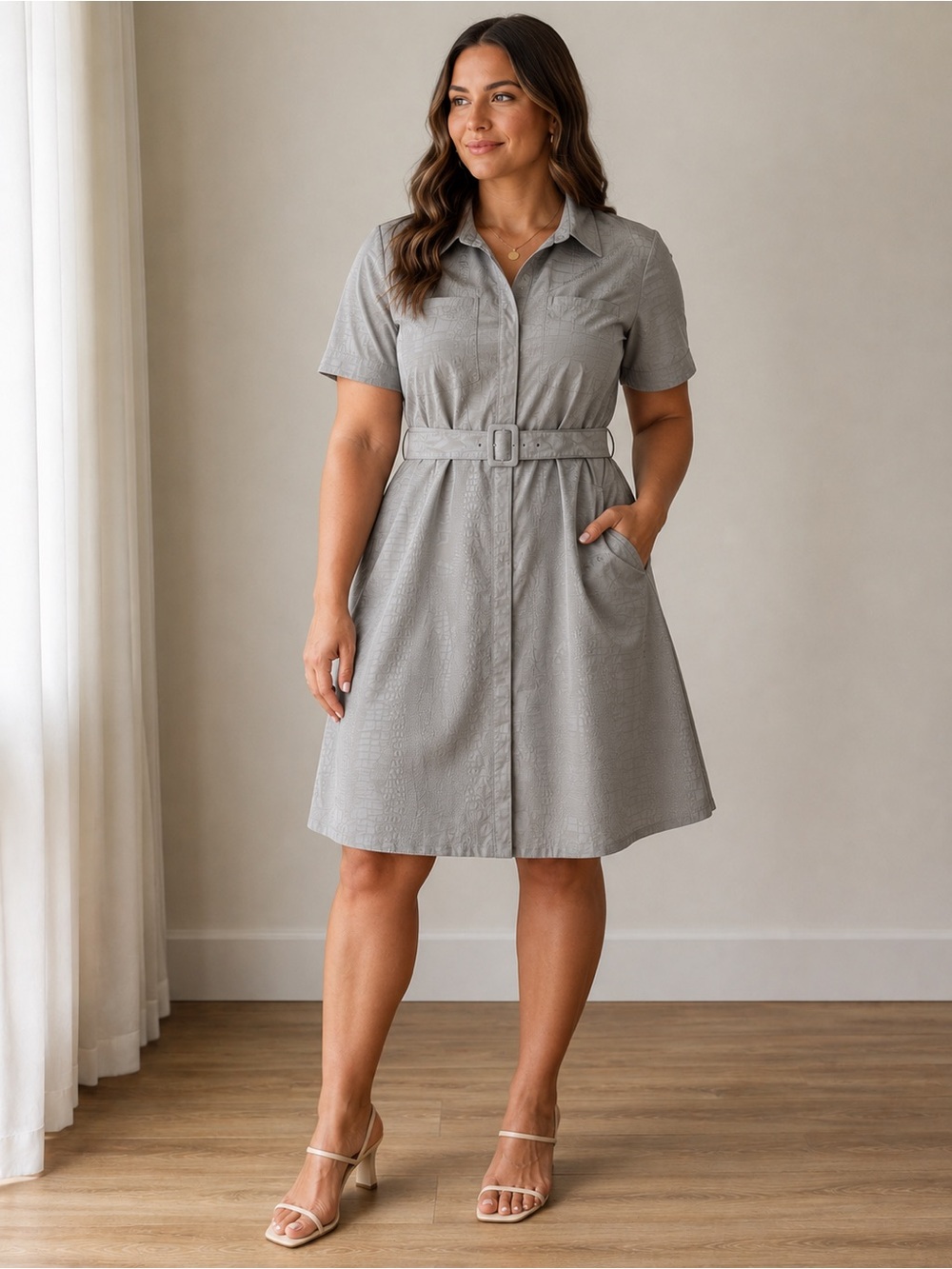 Alfani Gray Faux Croc Embossed Belted Shirt Dress Size 14 Midi Career Office